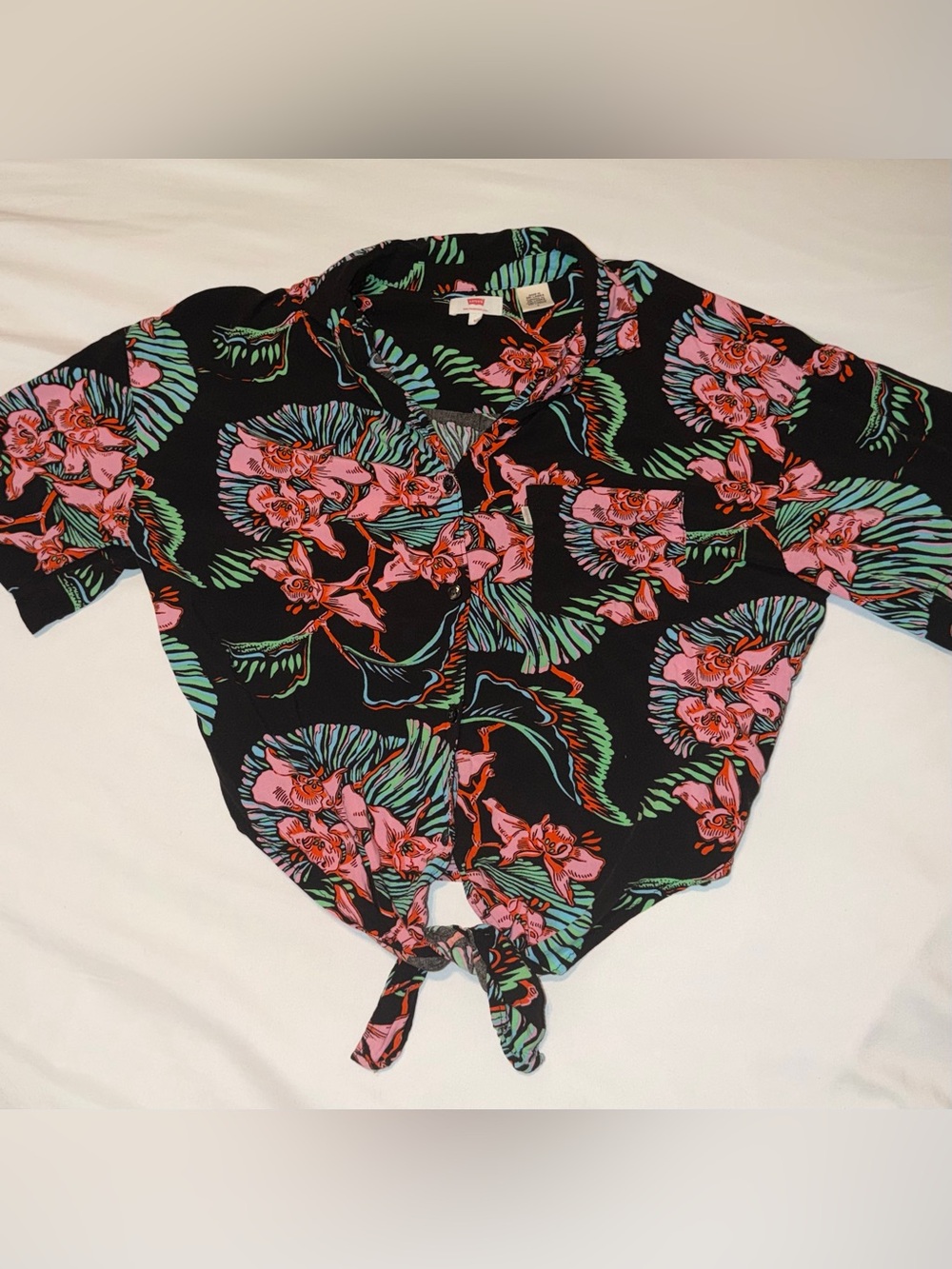 Levi's Black Button-Down Tie-Front Top with Pink & Green Floral Print
